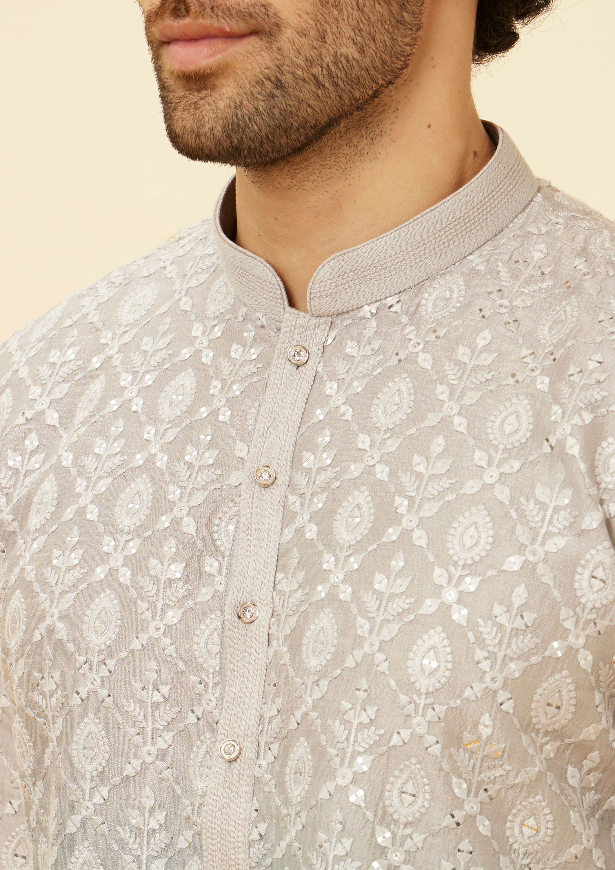 alt message - Twamev Men Shell Grey Fern Patterned Sequined Kurta image number 1