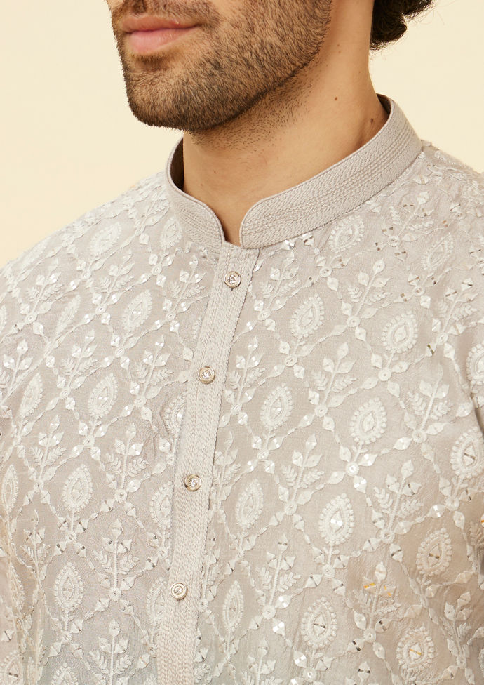 alt message - Twamev Men Shell Grey Fern Patterned Sequined Kurta image number 1