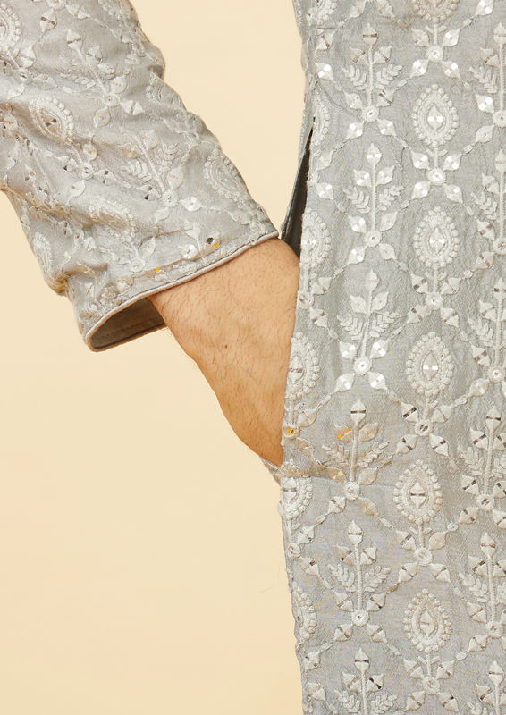 Twamev Men Shell Grey Fern Patterned Sequined Kurta