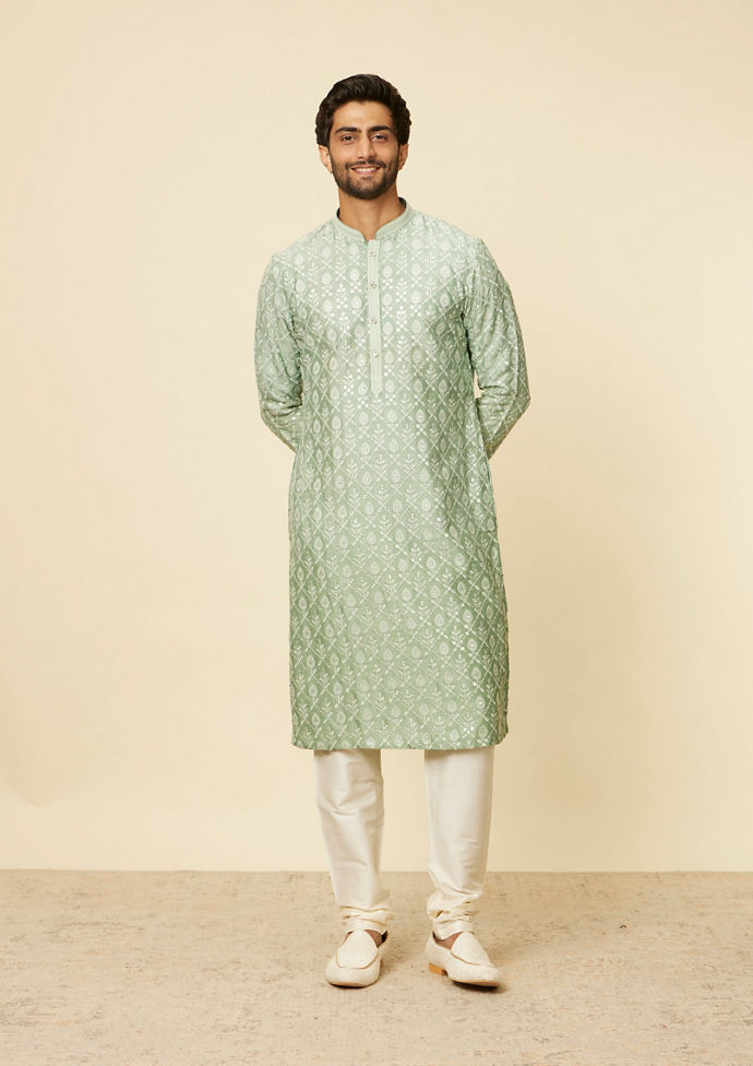 Twamev Men Light Green Floral and Leaf Jaal Patterned Kurta Set
