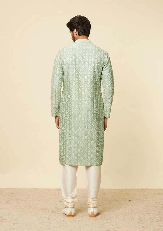 Twamev Men Light Green Floral and Leaf Jaal Patterned Kurta Set