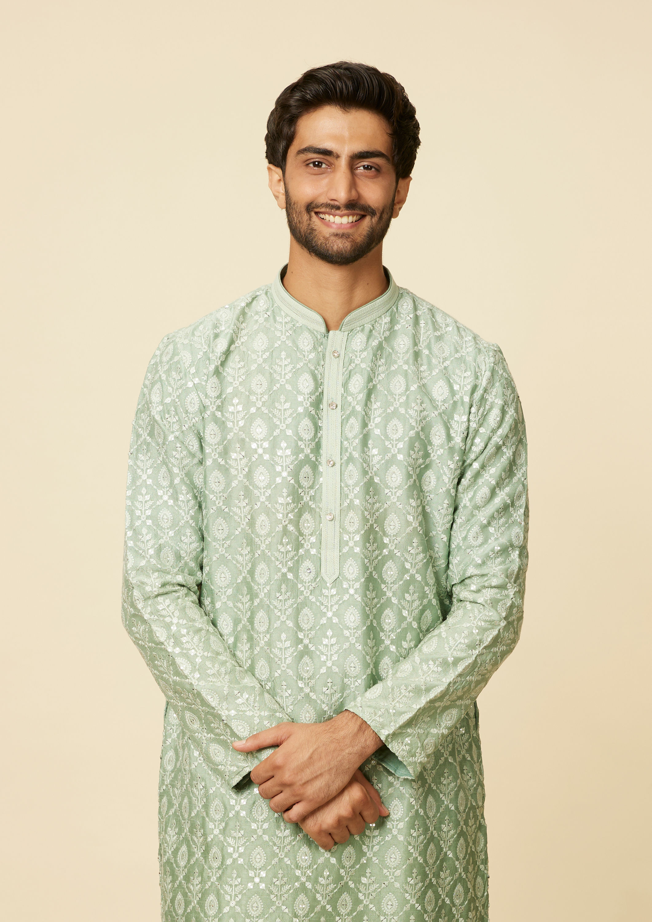 alt message - Twamev Men Light Green Floral and Leaf Jaal Patterned Kurta Set image number 0