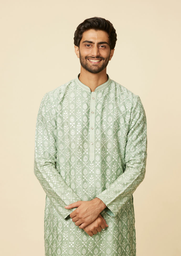 Twamev Men Light Green Floral and Leaf Jaal Patterned Kurta Set