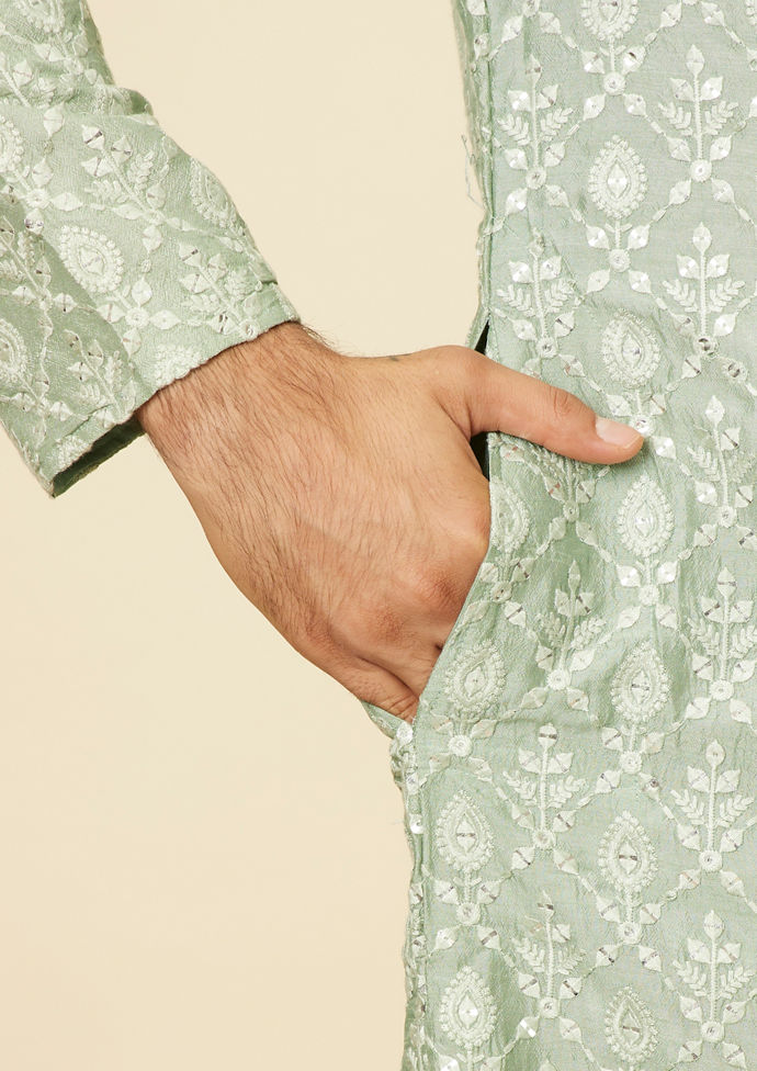 Twamev Men Light Green Floral and Leaf Jaal Patterned Kurta Set