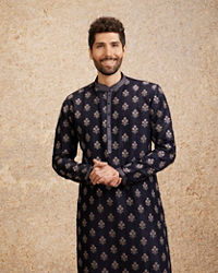 Twamev Men Navy Blue Floral Motif Kurta Set