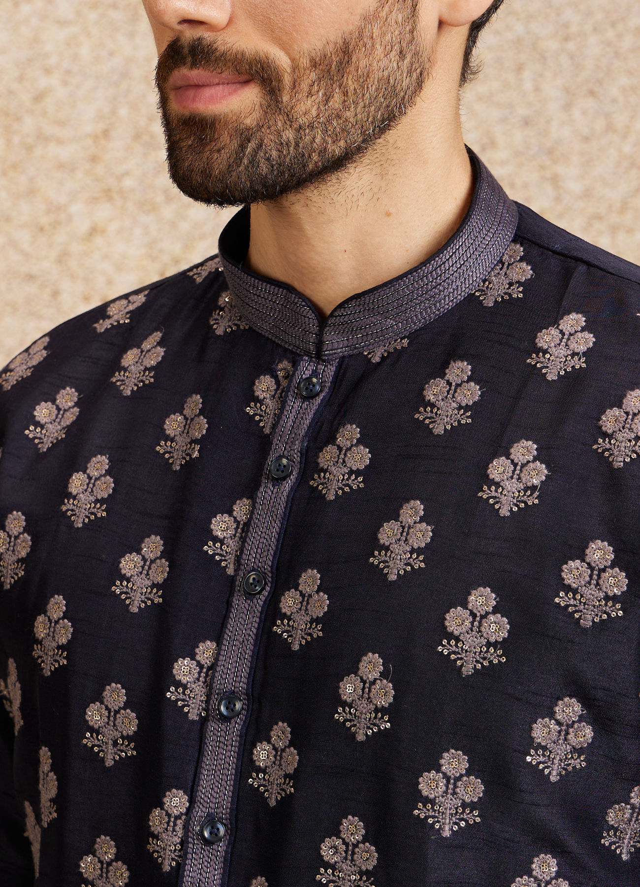 Twamev Men Navy Blue Floral Motif Kurta Set