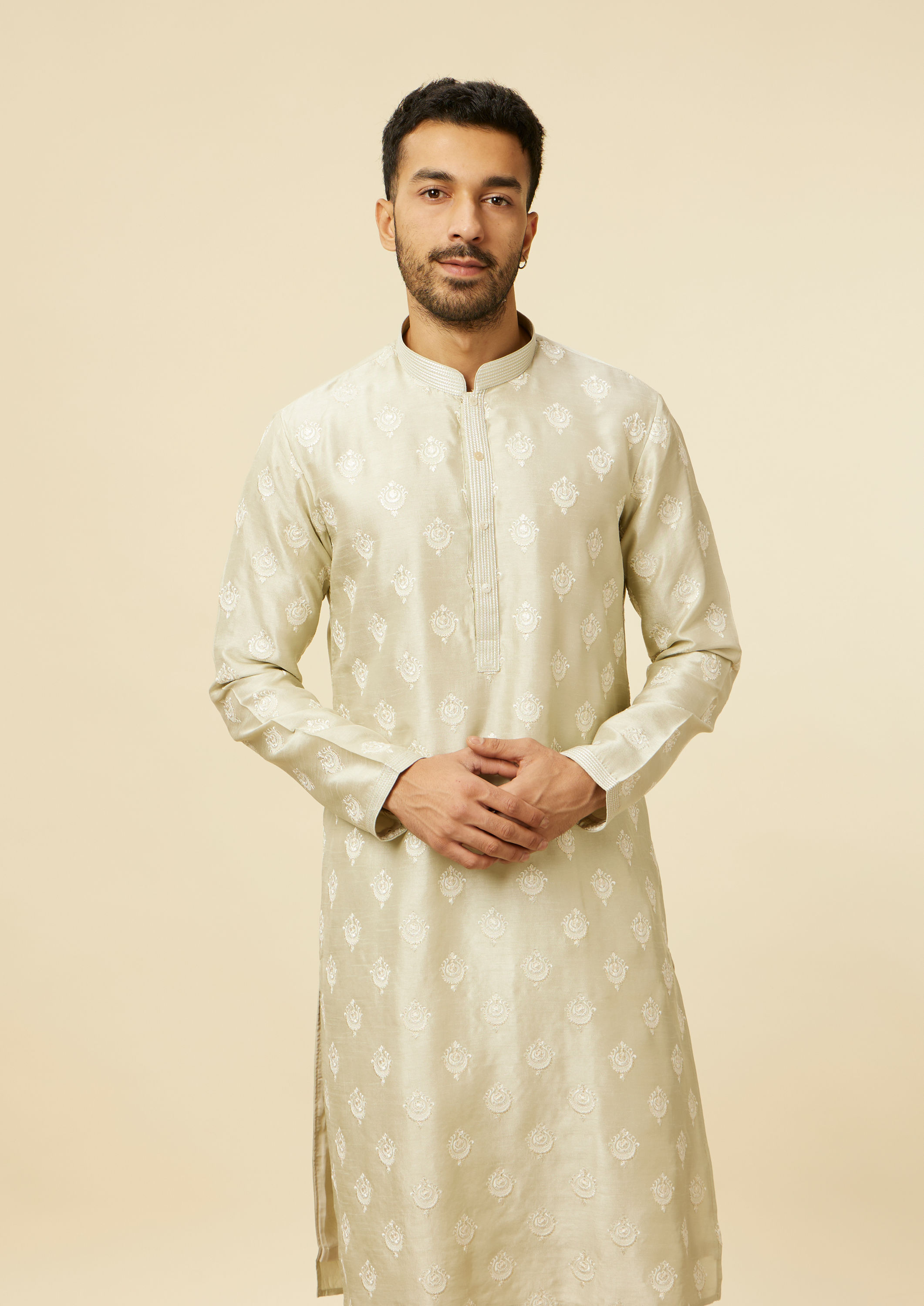 Twamev Men Pista Green Self Patterned Kurta Set image number 0