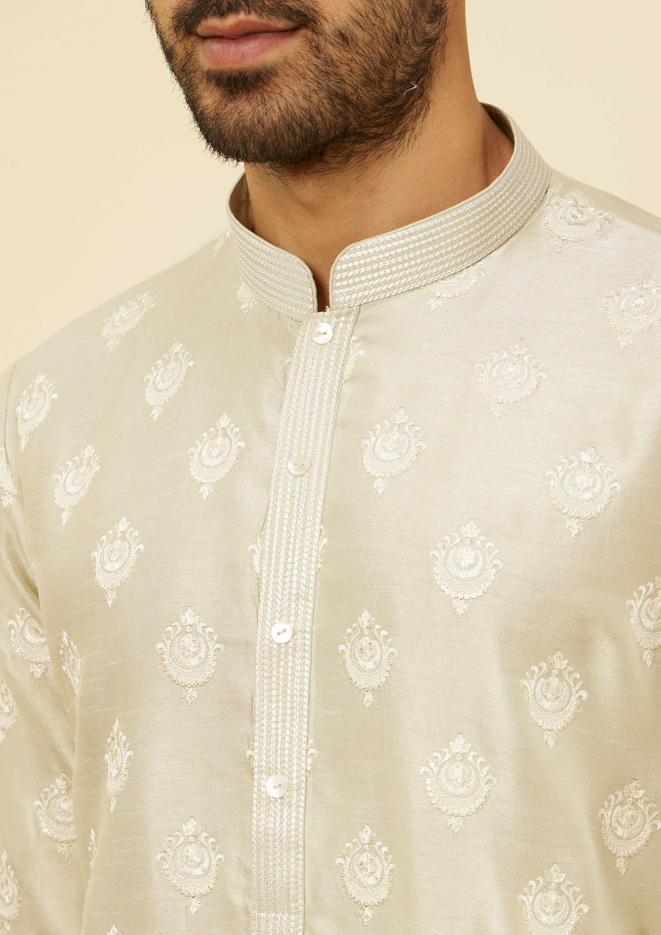 Twamev Men Pista Green Self Patterned Kurta Set