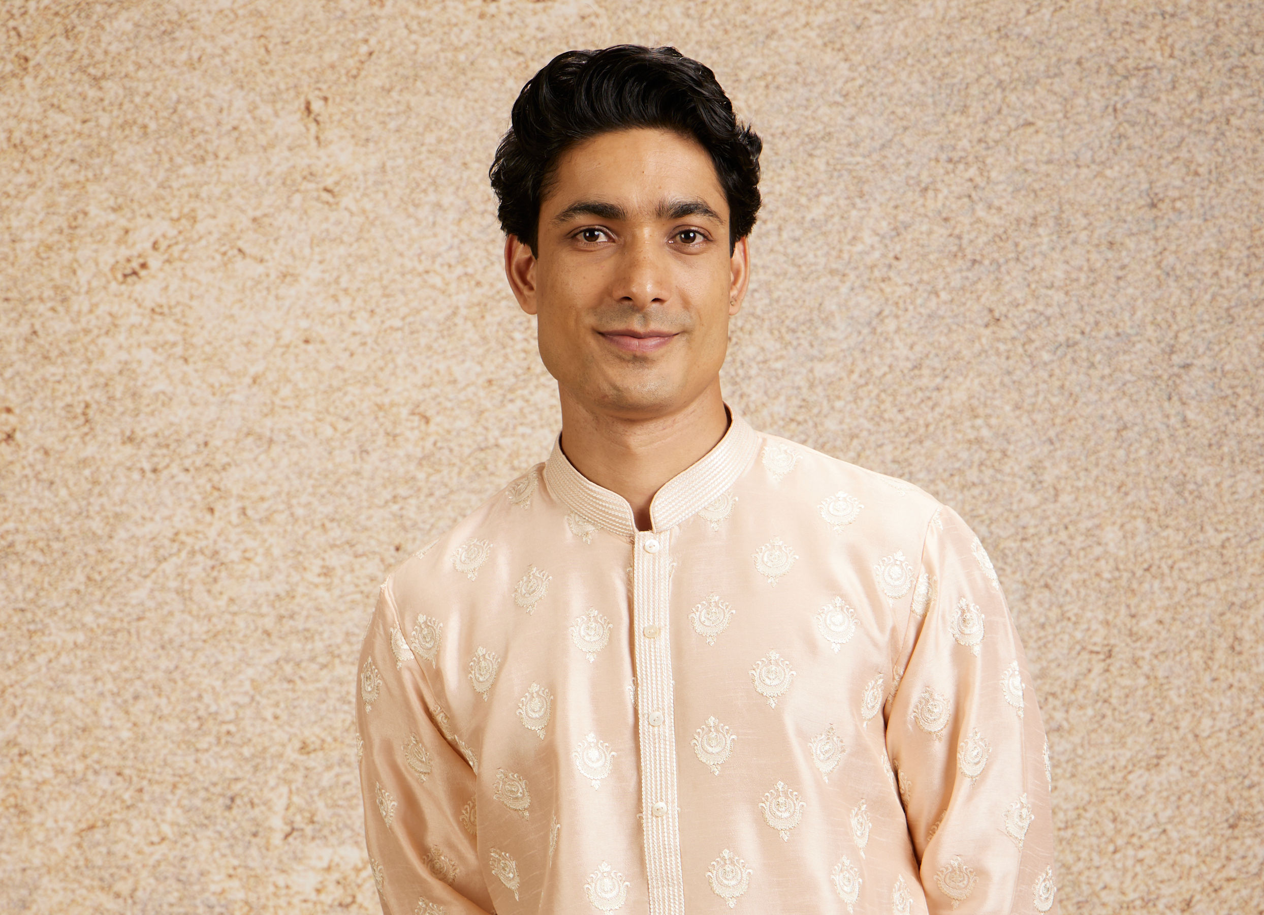 Twamev Men Peach Silk Embroidered Kurta Set