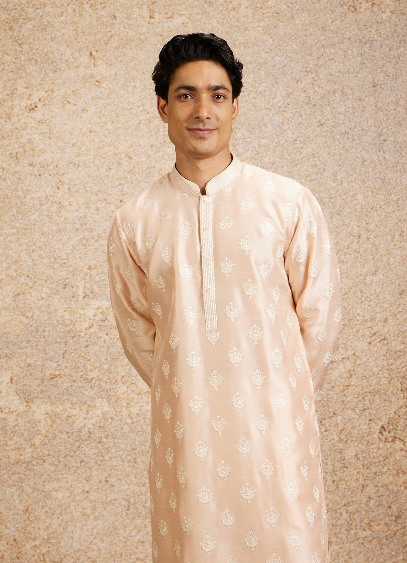 Twamev Men Peach Silk Embroidered Kurta Set