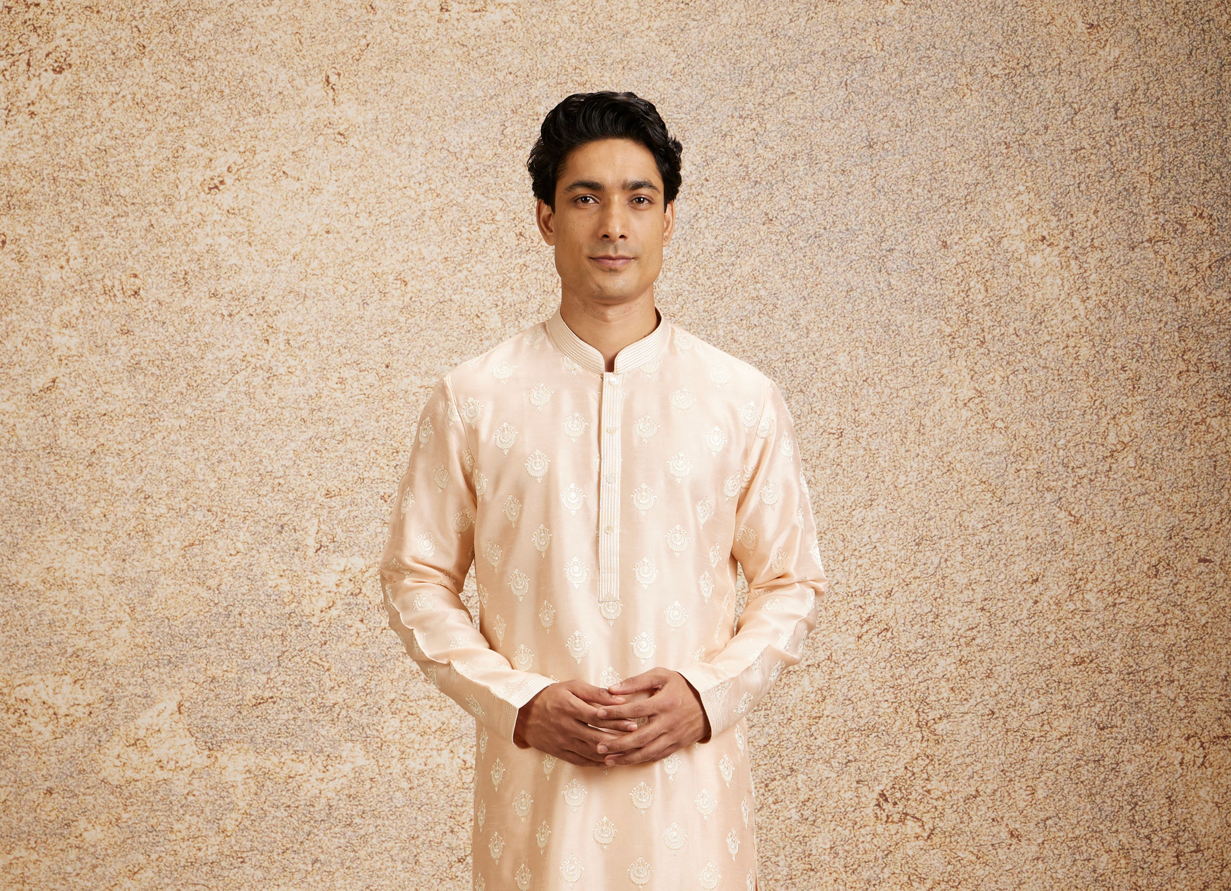 Twamev Men Peach Silk Embroidered Kurta Set