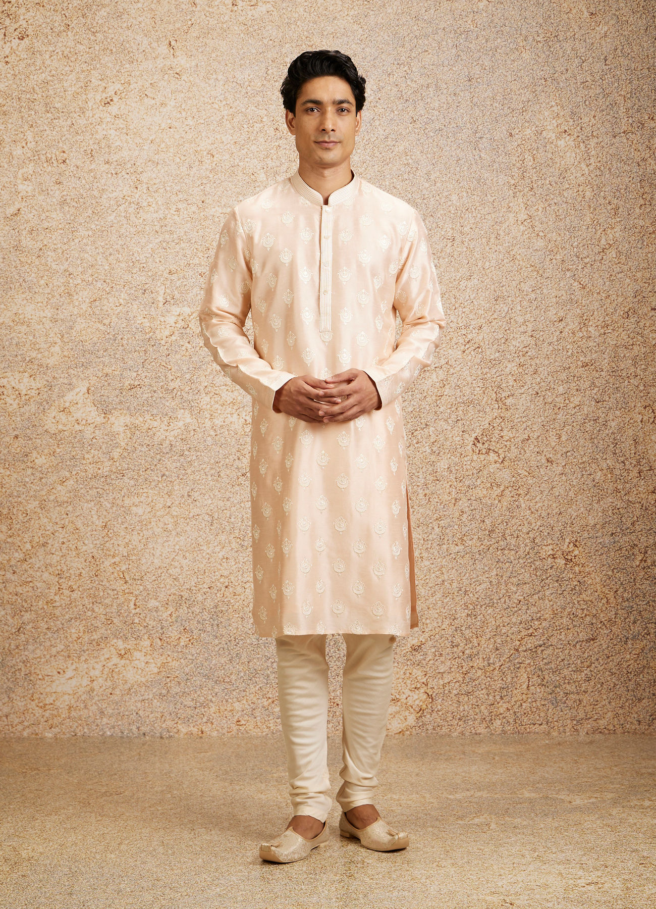 Twamev Men Peach Silk Embroidered Kurta Set
