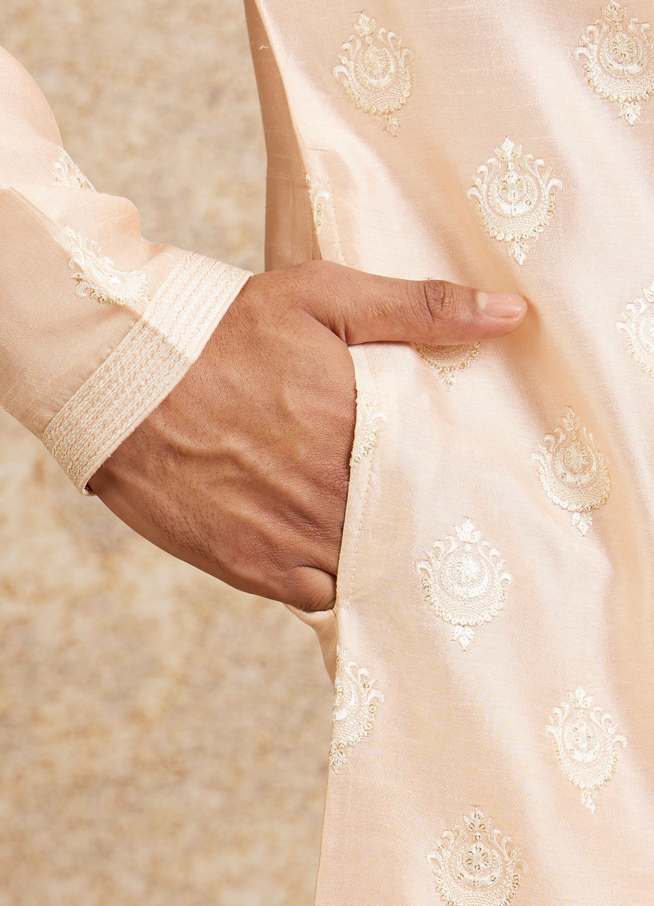 Twamev Men Peach Silk Embroidered Kurta Set