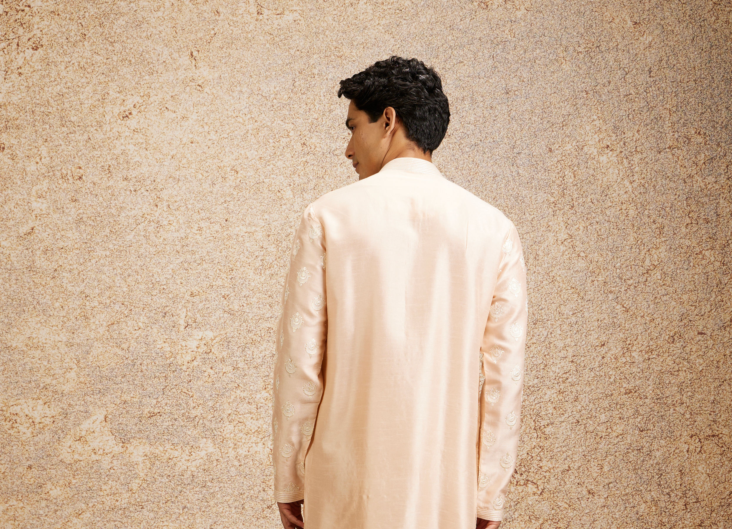 Twamev Men Peach Silk Embroidered Kurta Set