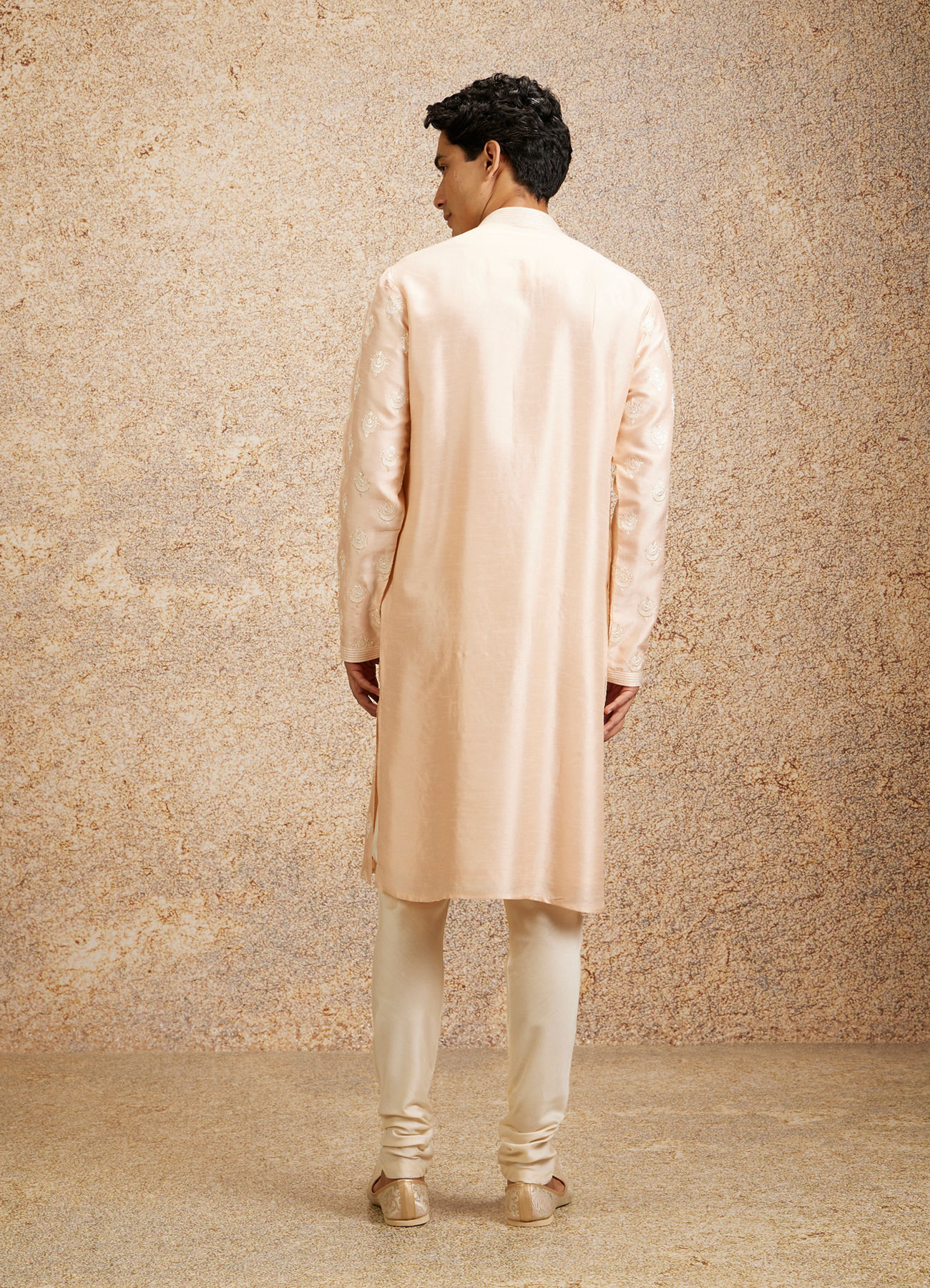 Twamev Men Peach Silk Embroidered Kurta Set