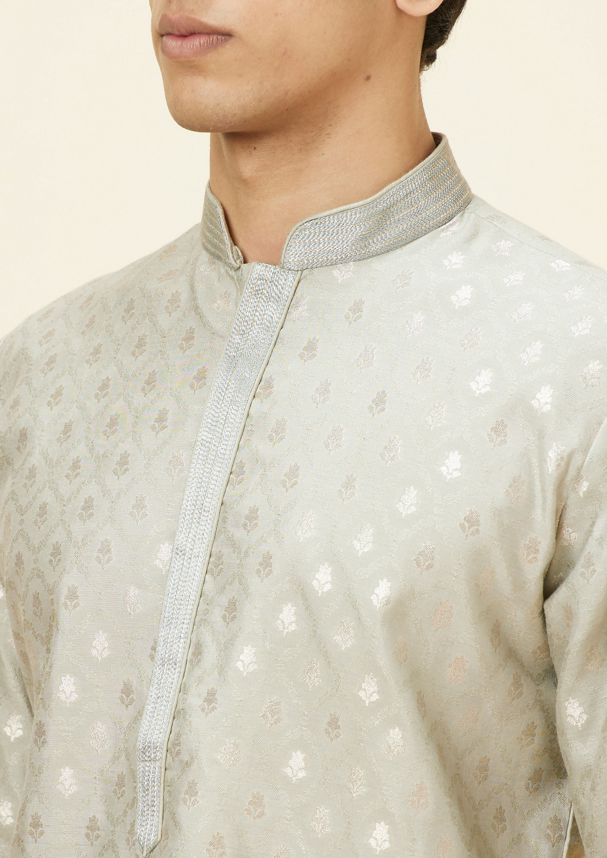 Twamev Men Steel Grey Buta Motif Kurta Set image number 1