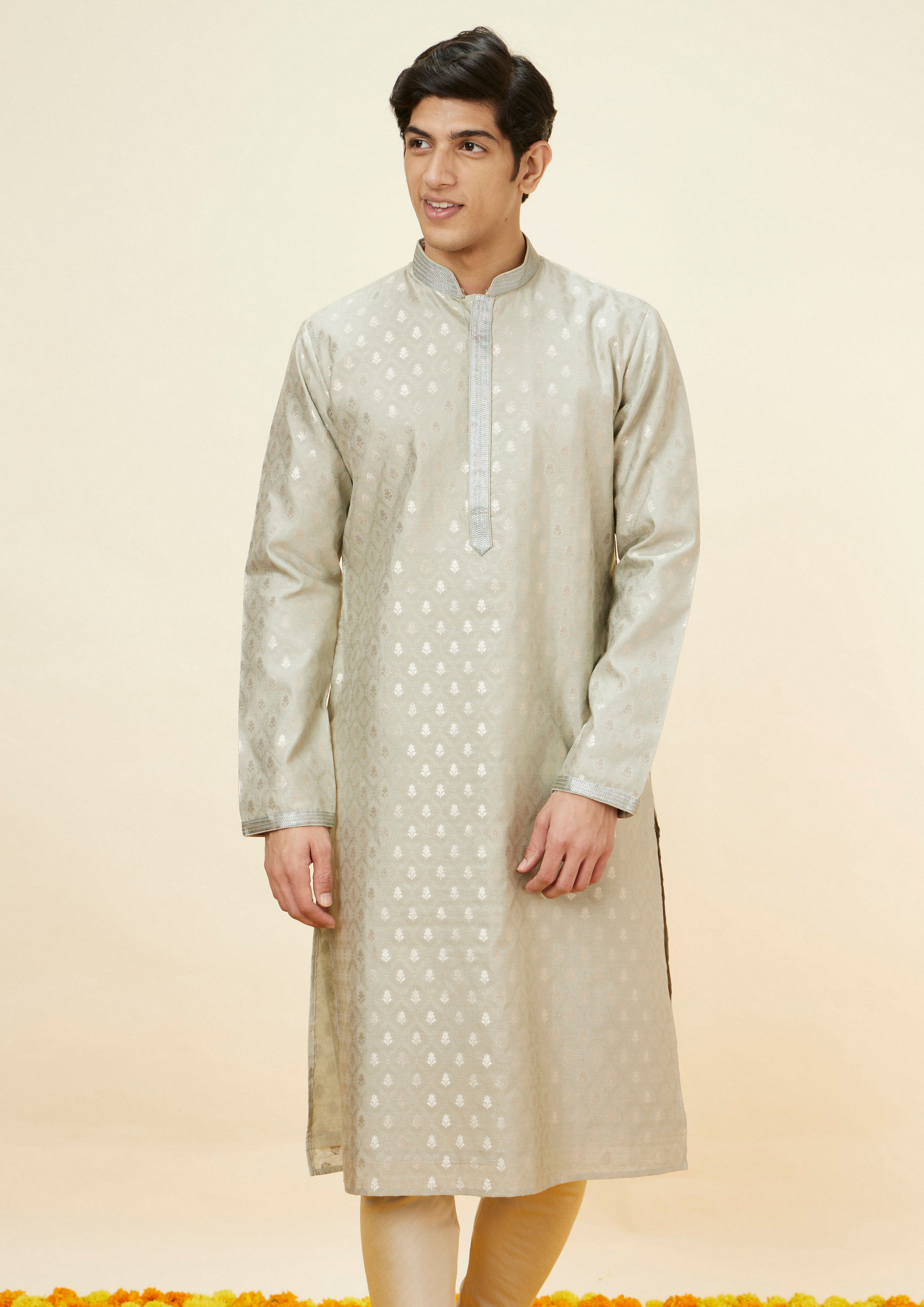 Twamev Men Steel Grey Buta Motif Kurta Set