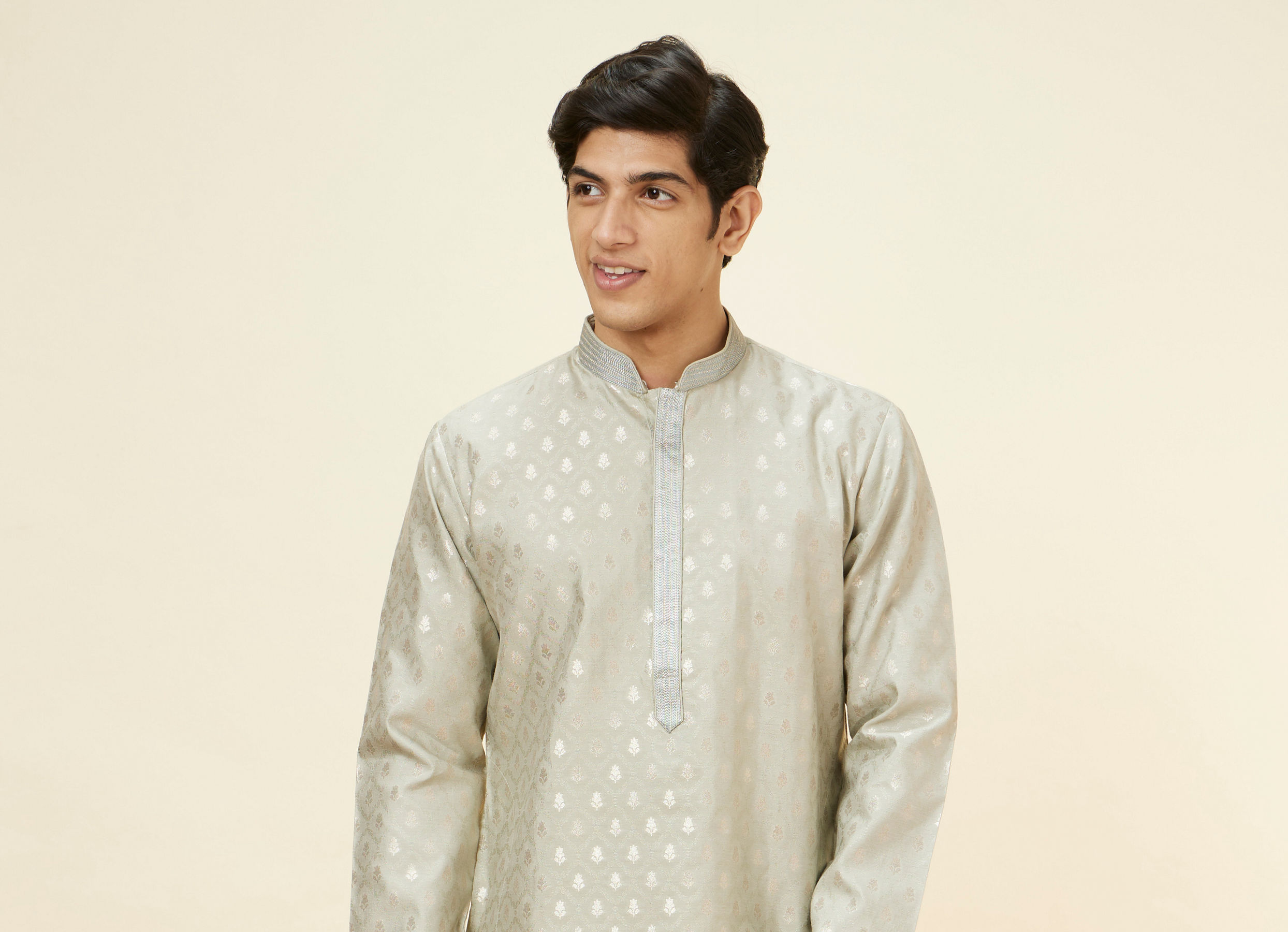 Twamev Men Steel Grey Buta Motif Kurta Set