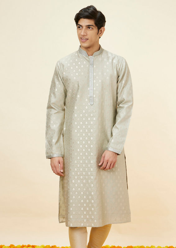 Twamev Men Steel Grey Buta Motif Kurta Set