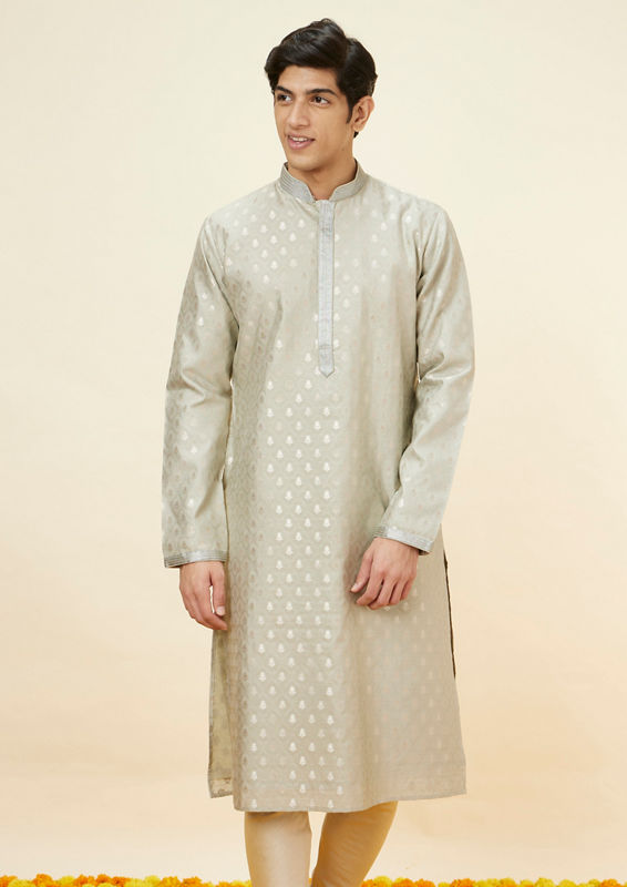 Twamev Men Steel Grey Buta Motif Kurta Set image number 0