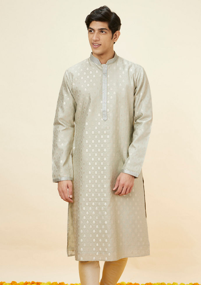 Twamev Men Steel Grey Buta Motif Kurta Set