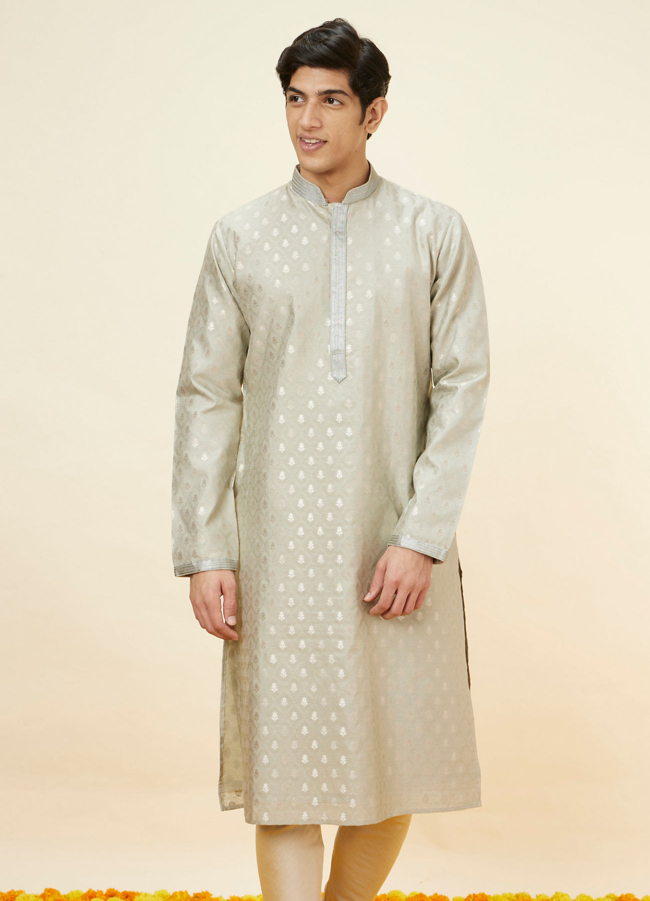 Twamev Men Steel Grey Buta Motif Kurta Set