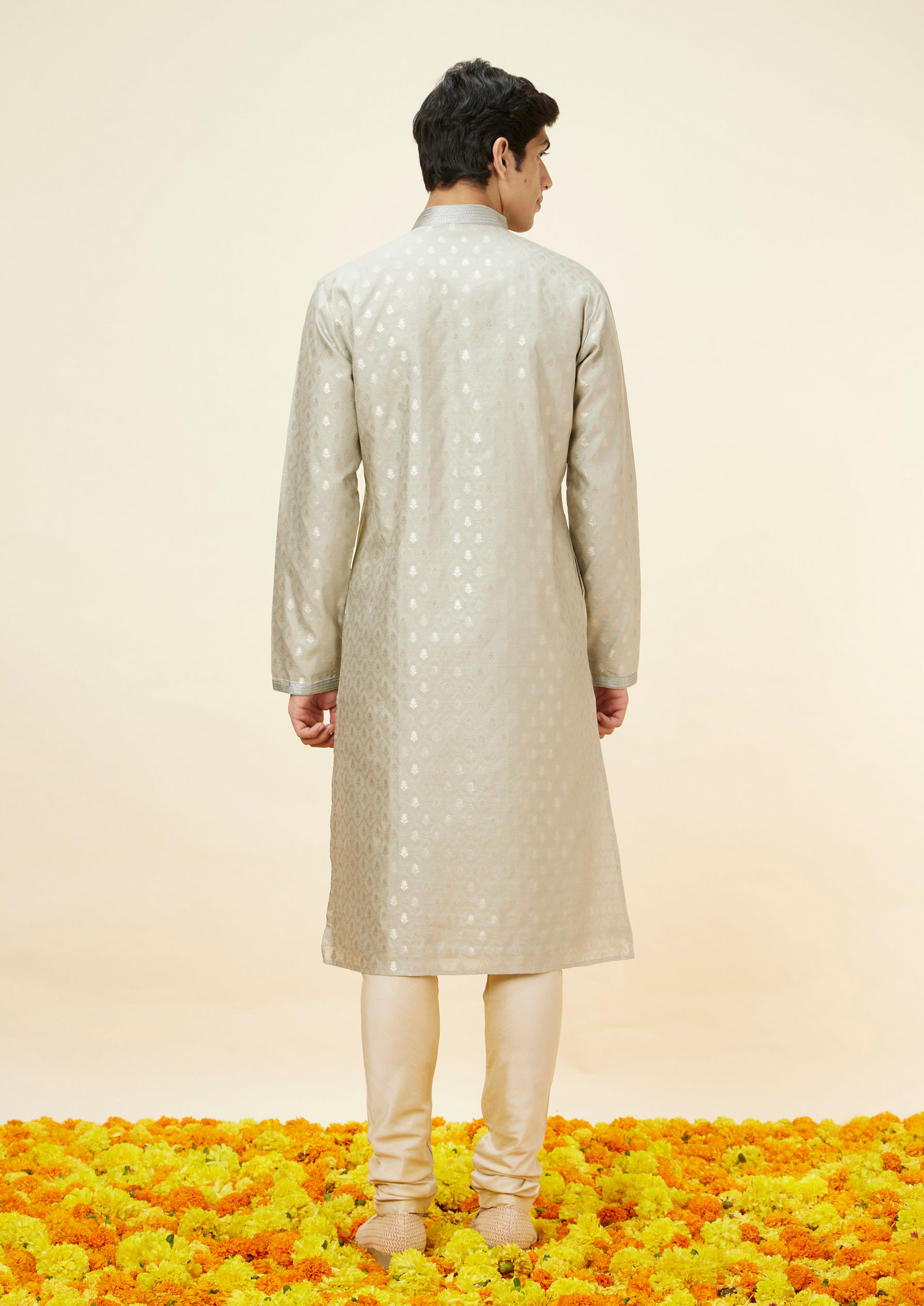 Twamev Men Steel Grey Buta Motif Kurta Set