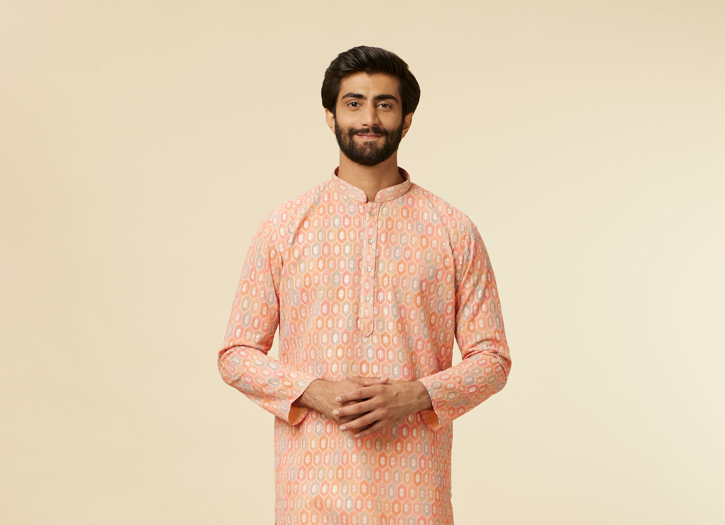 Twamev Men Peach Hexagonal Patterned Kurta Set