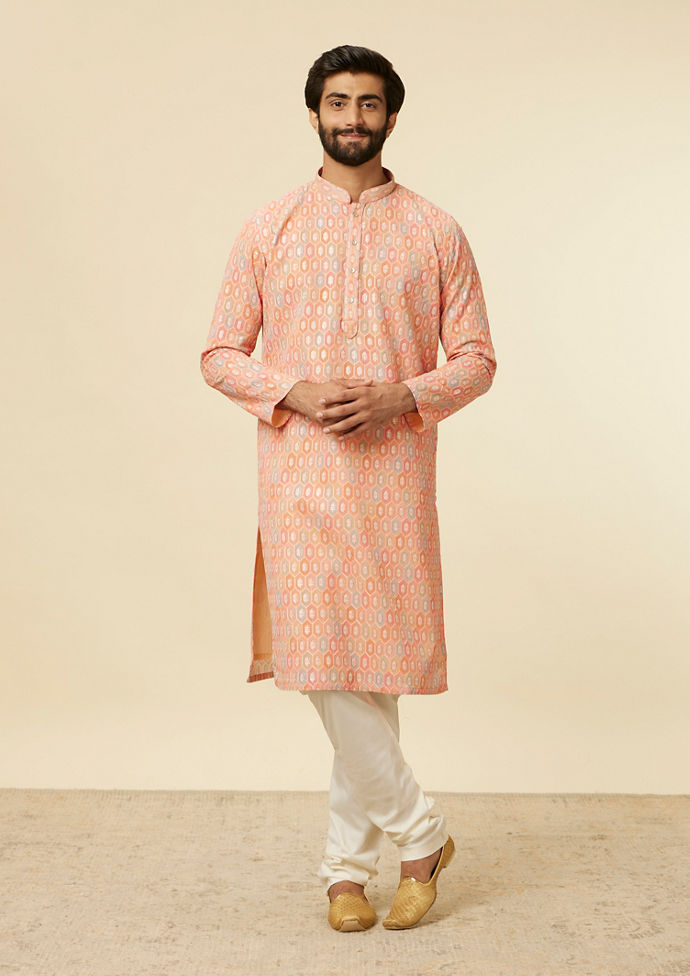Twamev Men Peach Hexagonal Patterned Kurta Set