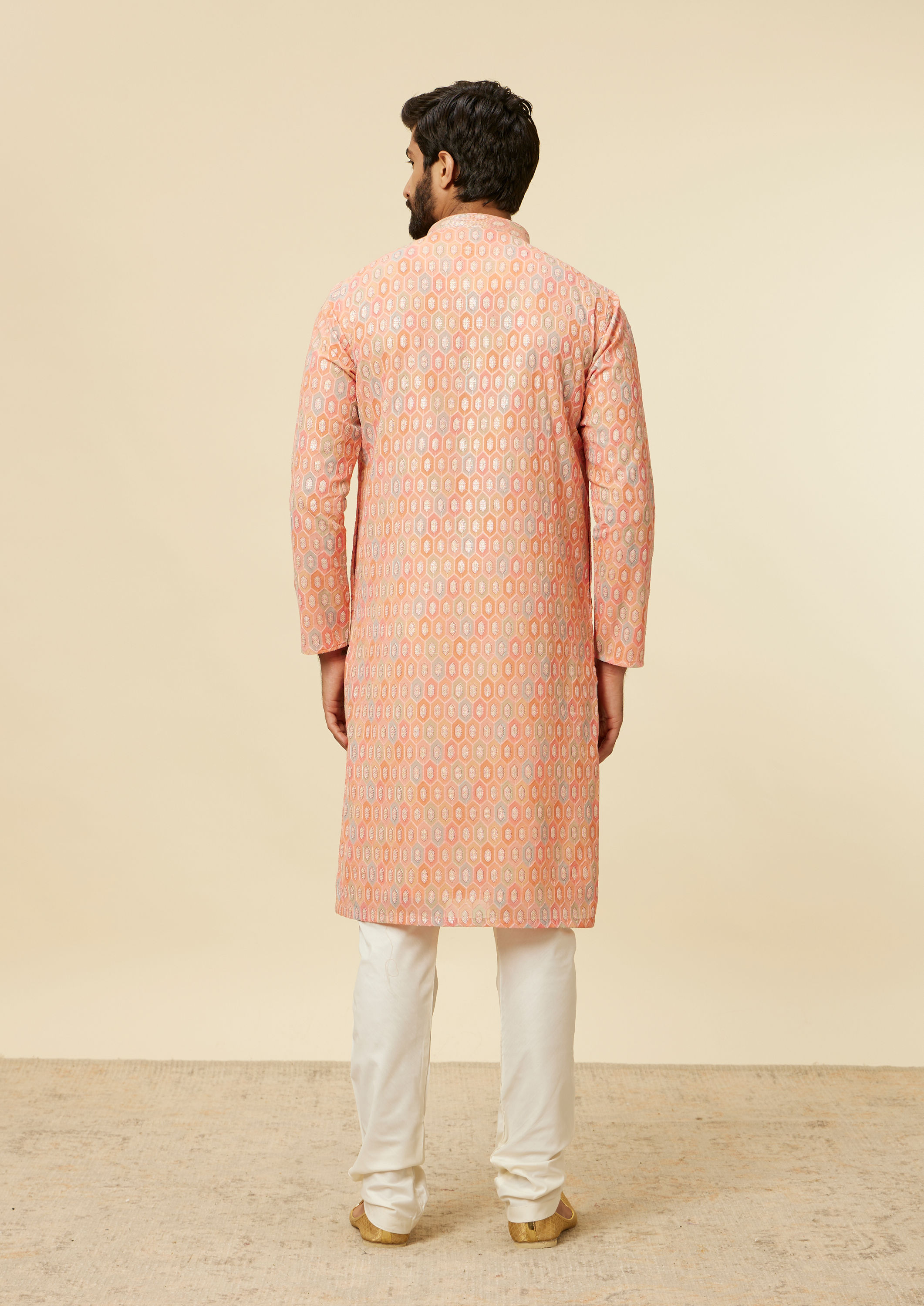 Twamev Men Peach Hexagonal Patterned Kurta Set