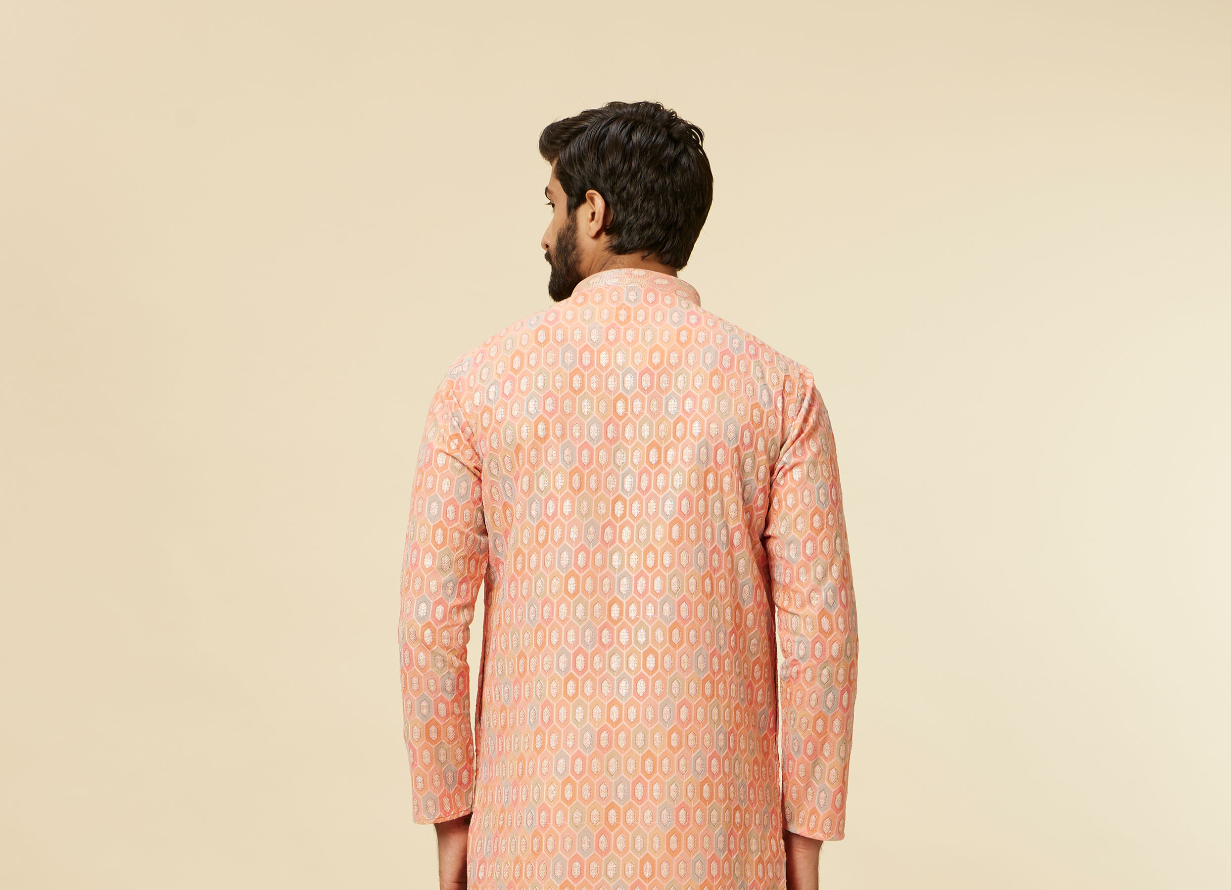 Twamev Men Peach Hexagonal Patterned Kurta Set