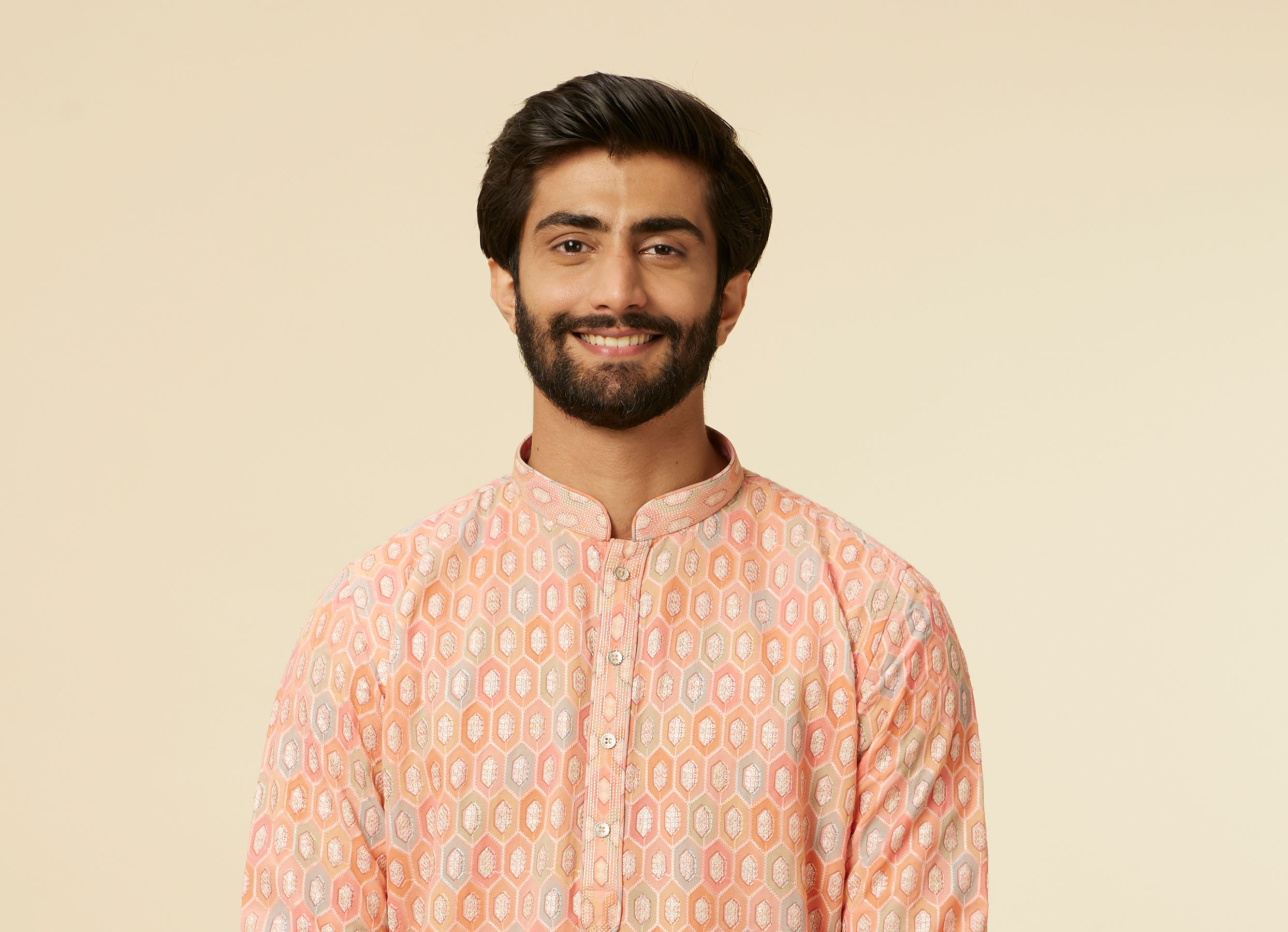 Twamev Men Peach Hexagonal Patterned Kurta Set