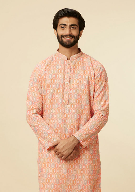 alt message - Twamev Men Peach Hexagonal Patterned Kurta Set image number 0