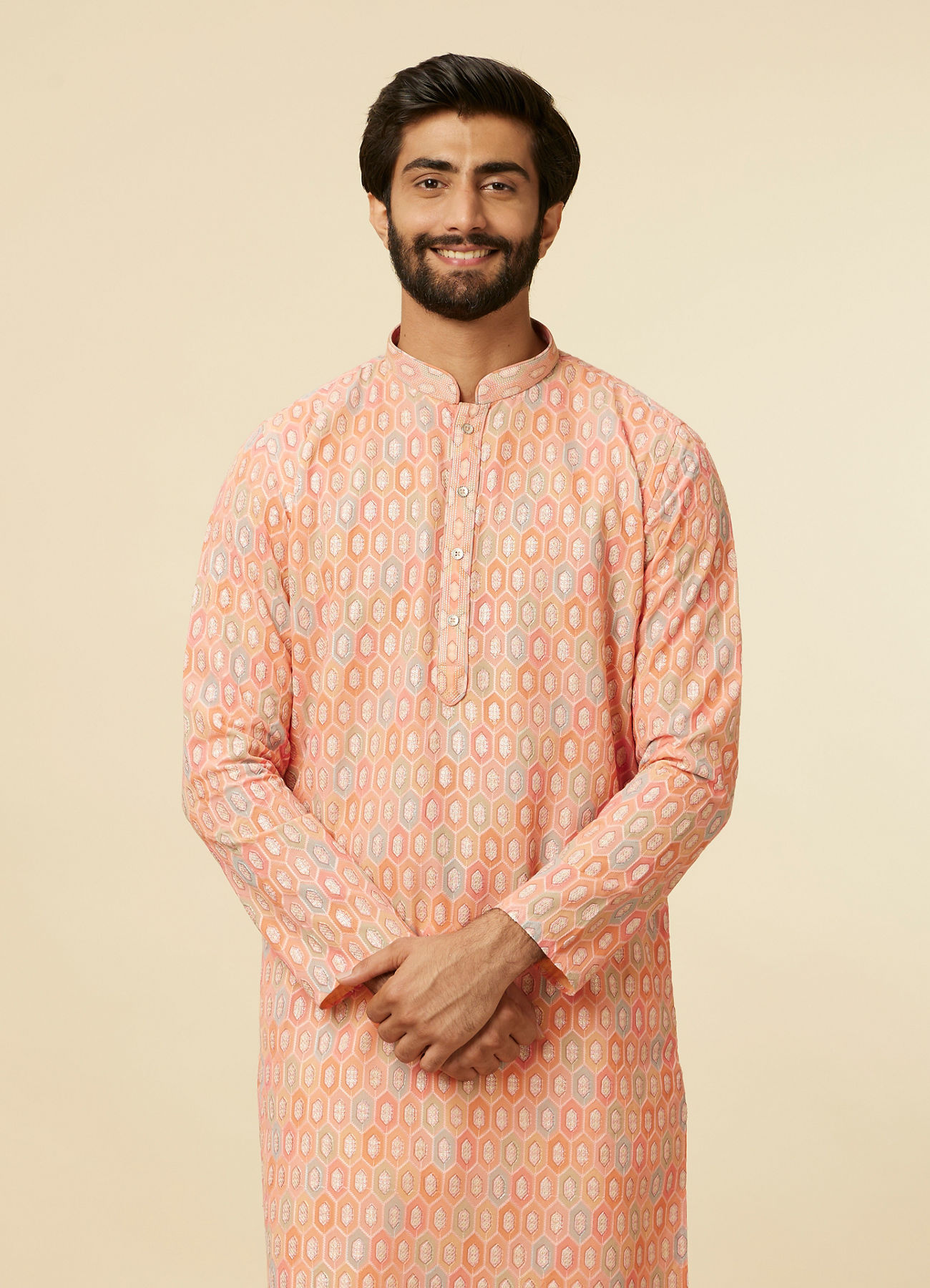 Twamev Men Peach Hexagonal Patterned Kurta Set