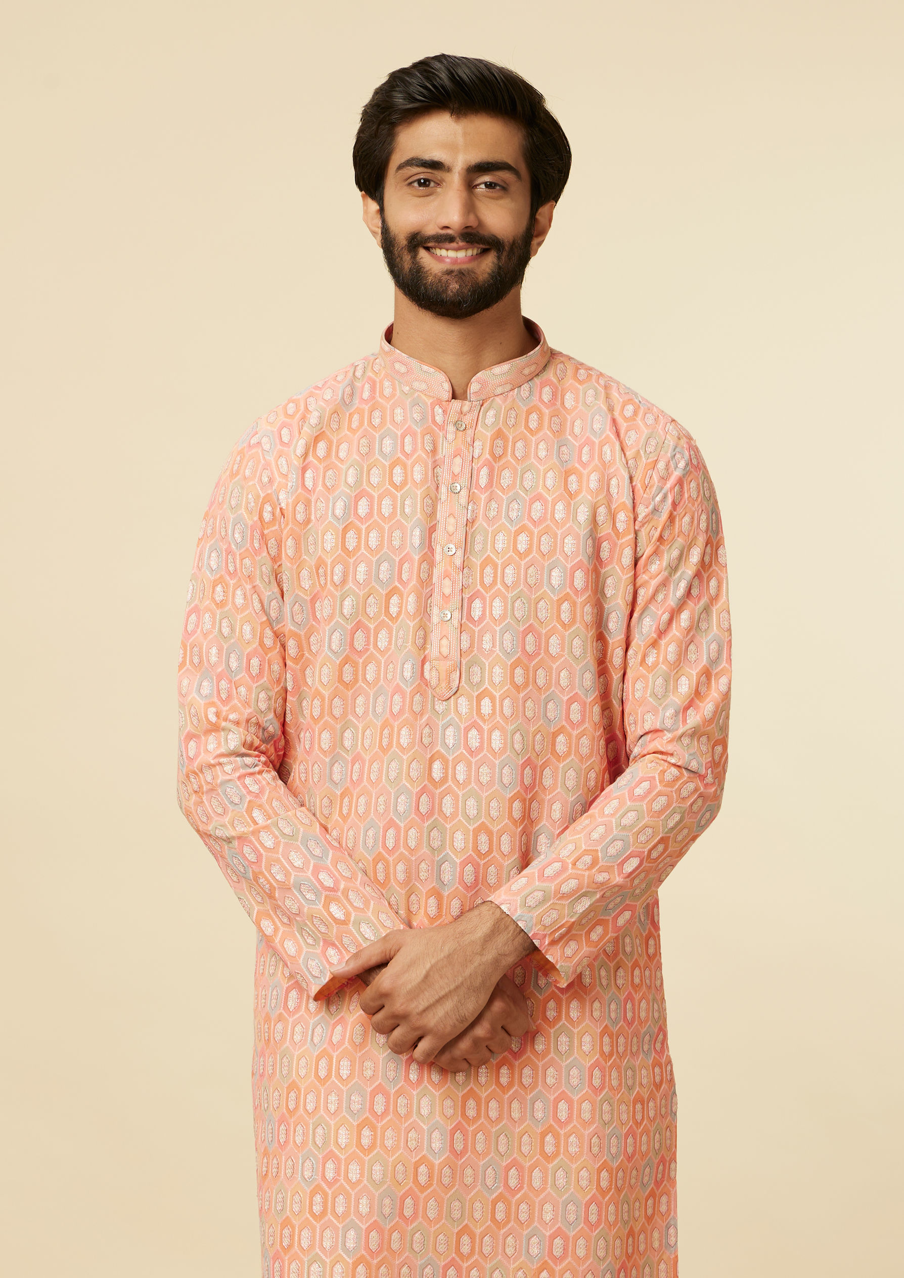Twamev Men Peach Hexagonal Patterned Kurta Set