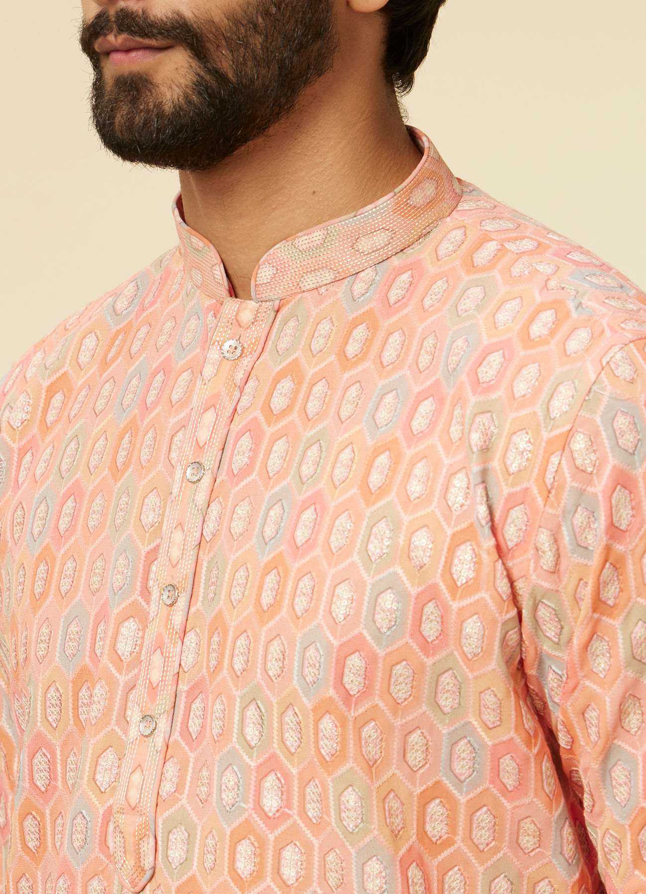 Twamev Men Peach Hexagonal Patterned Kurta Set