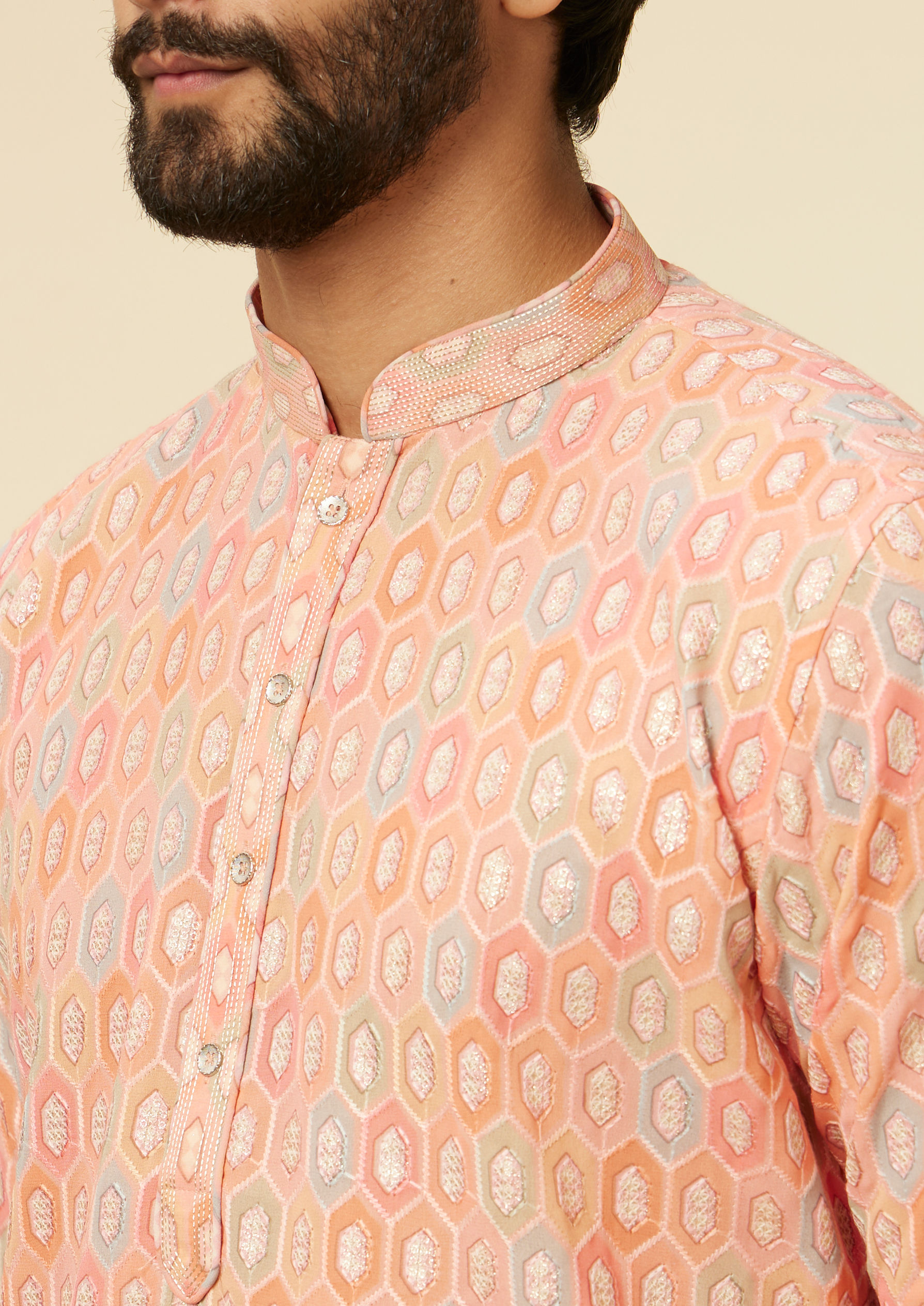 Twamev Men Peach Hexagonal Patterned Kurta Set