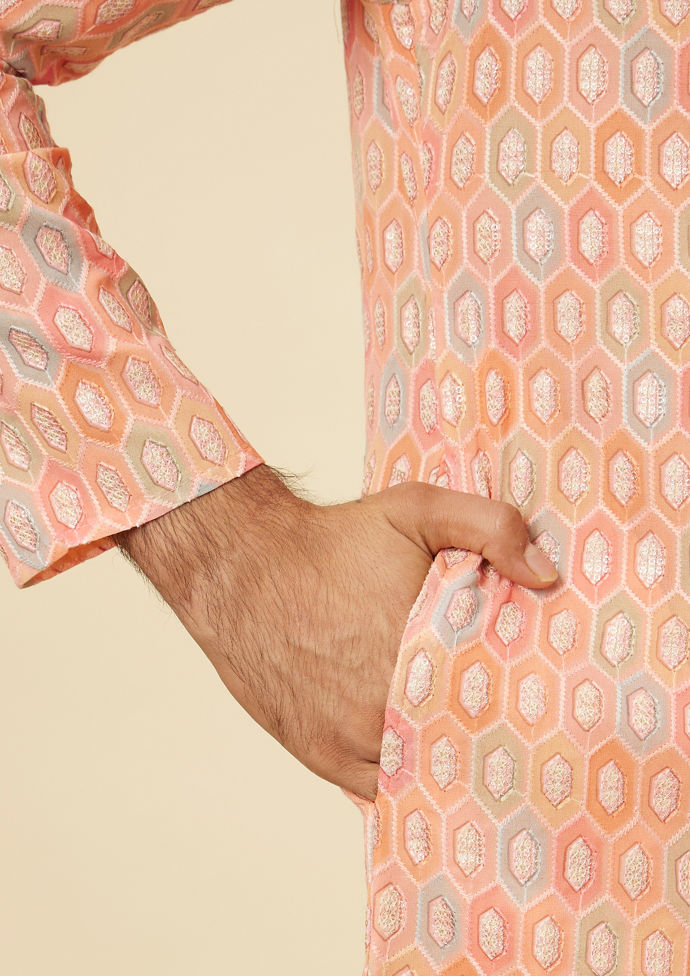 Twamev Men Peach Hexagonal Patterned Kurta Set