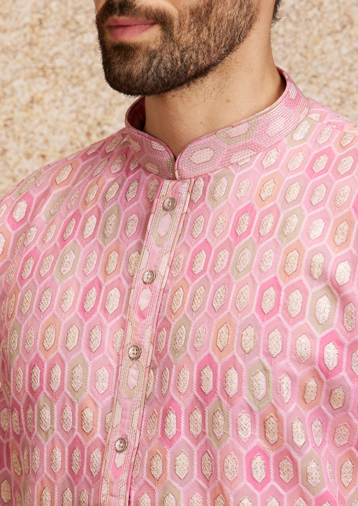 alt message - Twamev Men Georgette Pink Glory Kurta Pajama image number 1