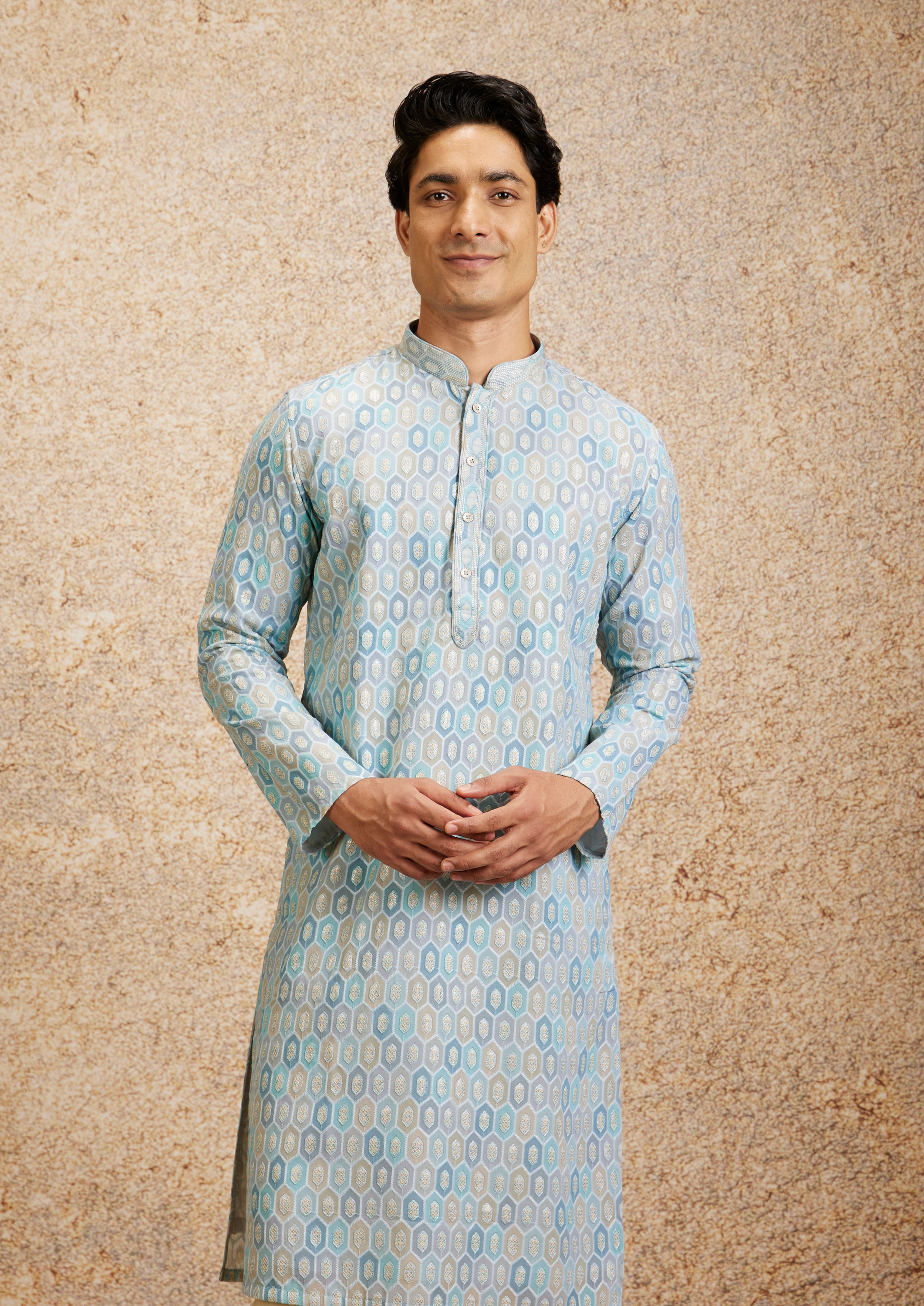 Twamev Men Tranquil Blue Self Patterned Kurta Set