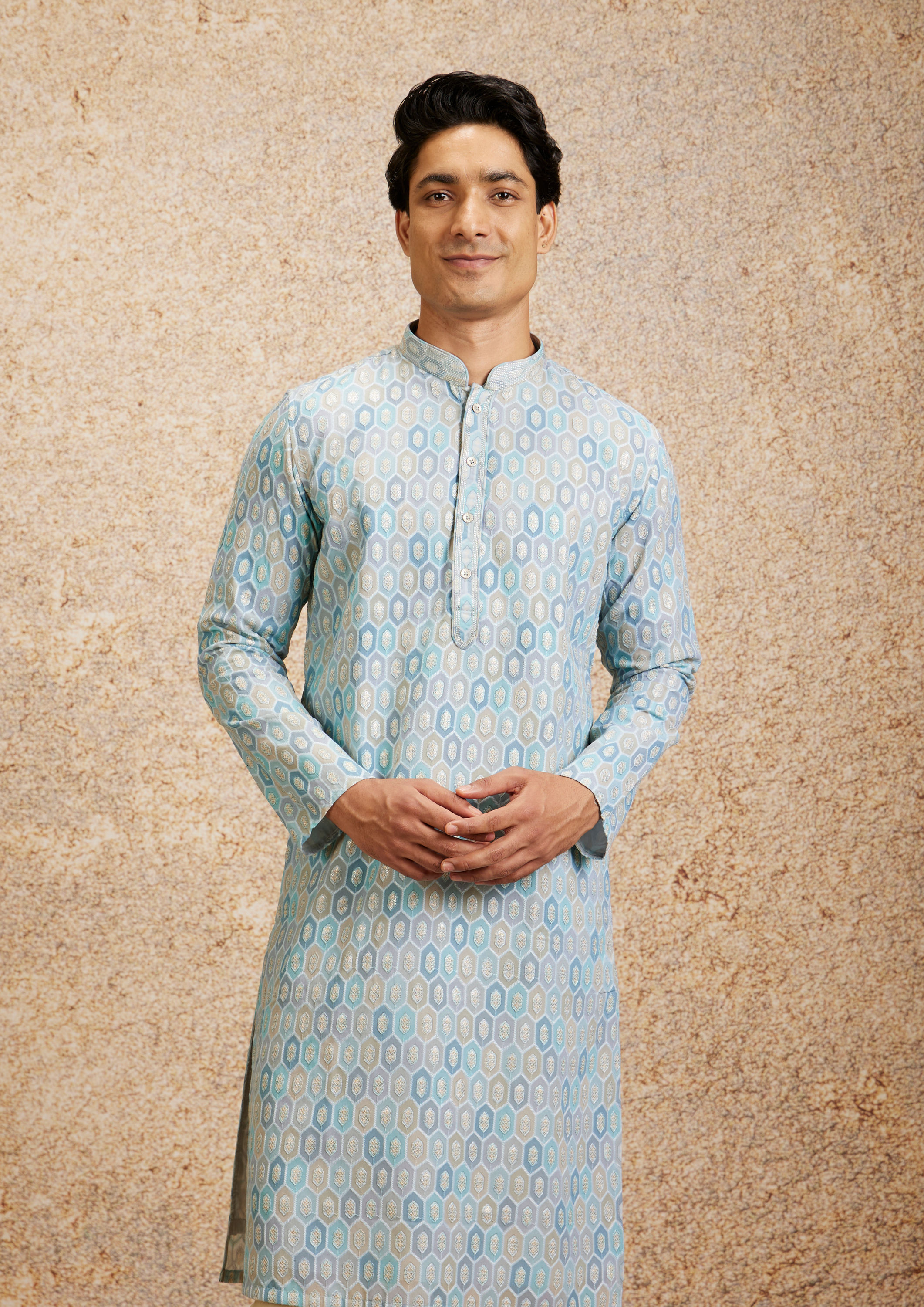 alt message - Twamev Men Tranquil Blue Self Patterned Kurta Set image number 0