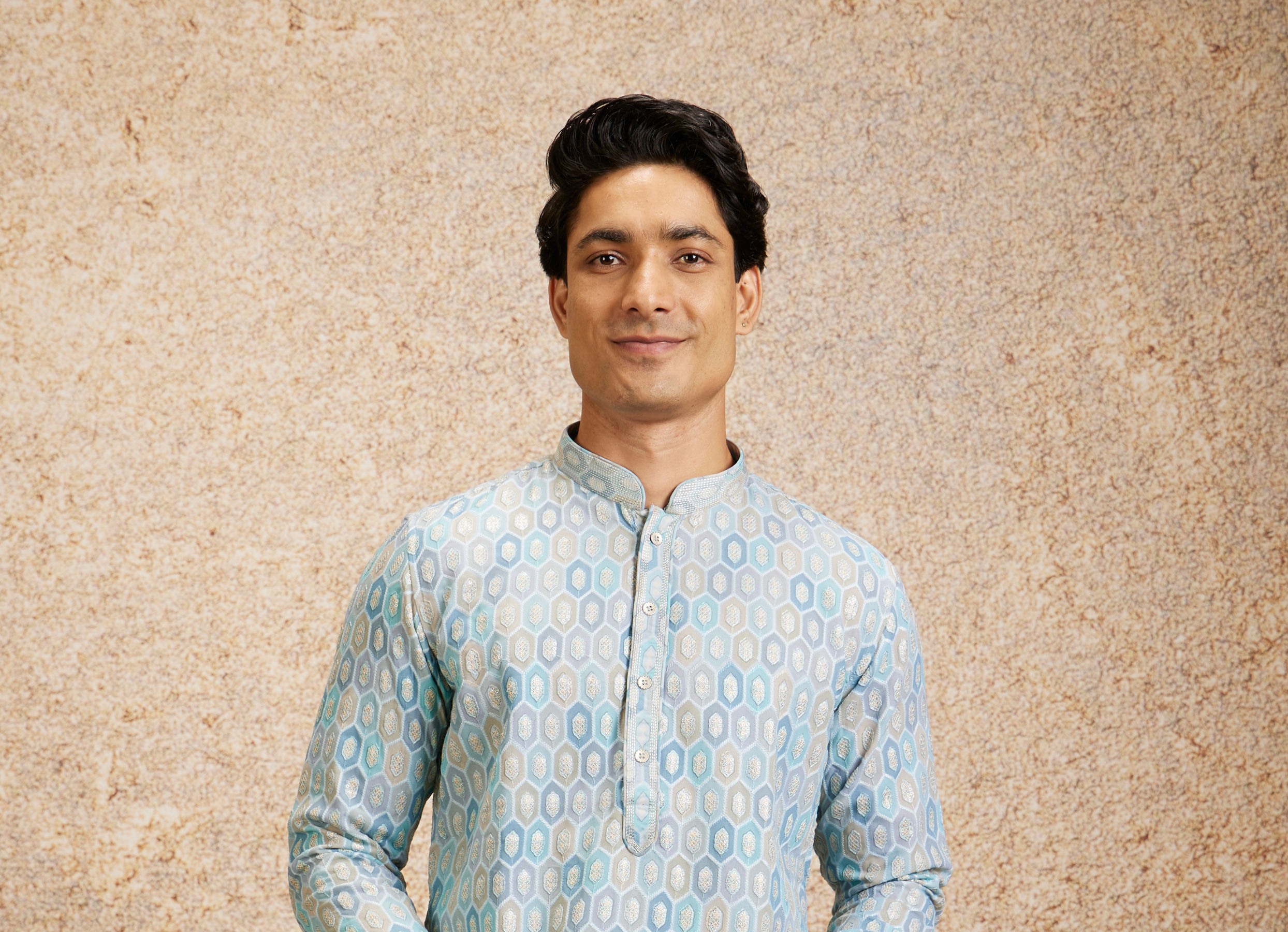 Twamev Men Tranquil Blue Self Patterned Kurta Set