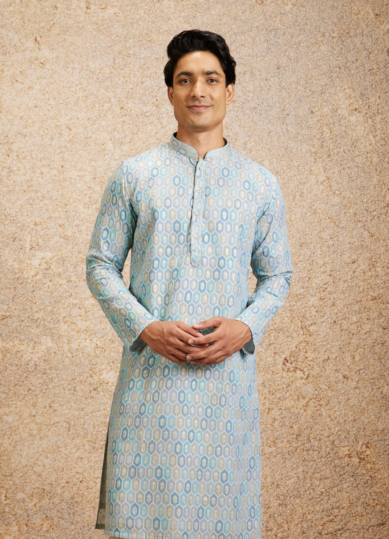 Twamev Men Tranquil Blue Self Patterned Kurta Set