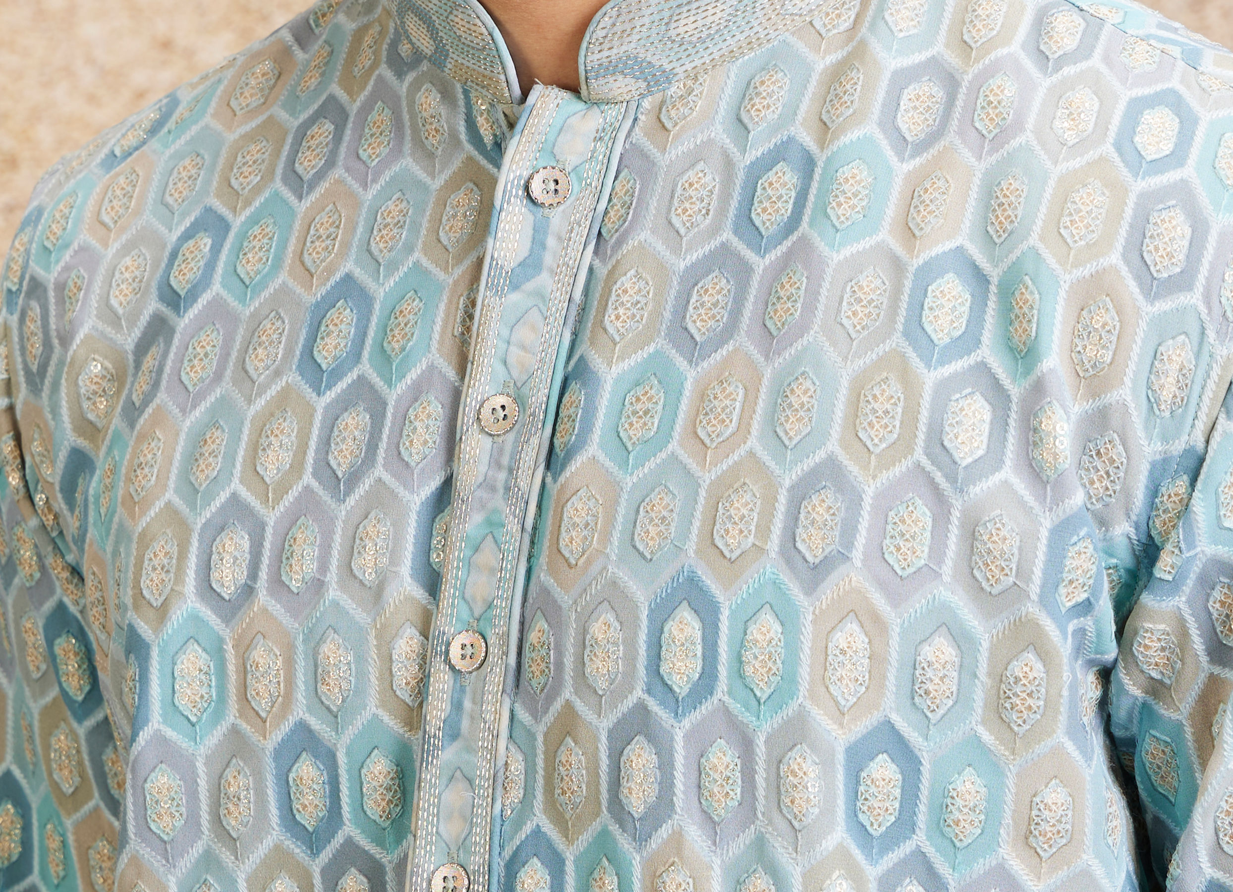 Twamev Men Tranquil Blue Self Patterned Kurta Set