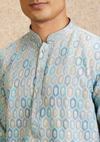 alt message - Twamev Men Tranquil Blue Self Patterned Kurta Set image number 1