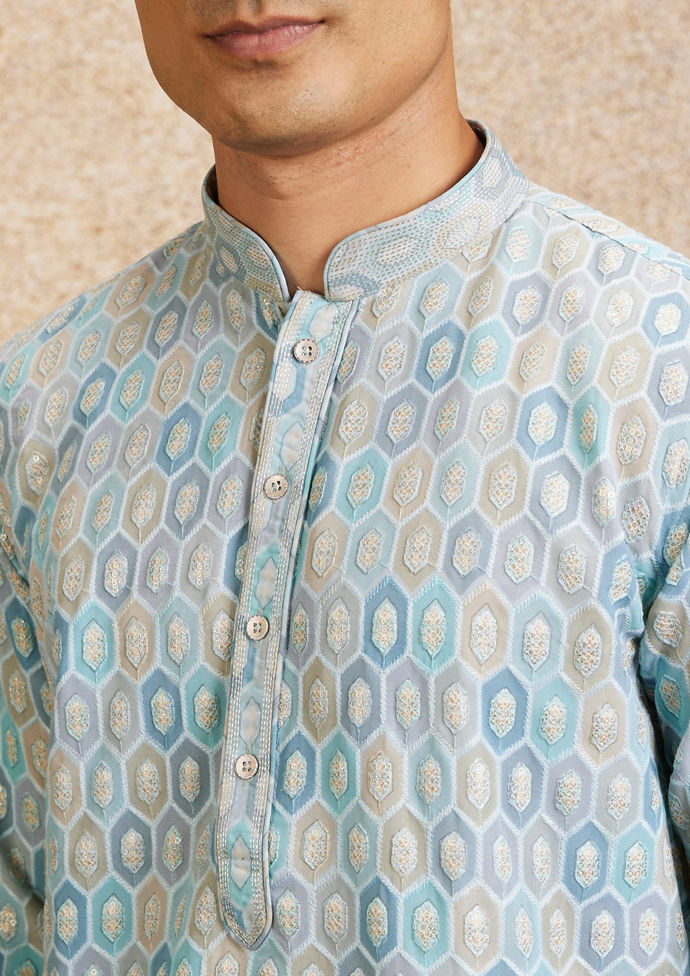 Twamev Men Tranquil Blue Self Patterned Kurta Set