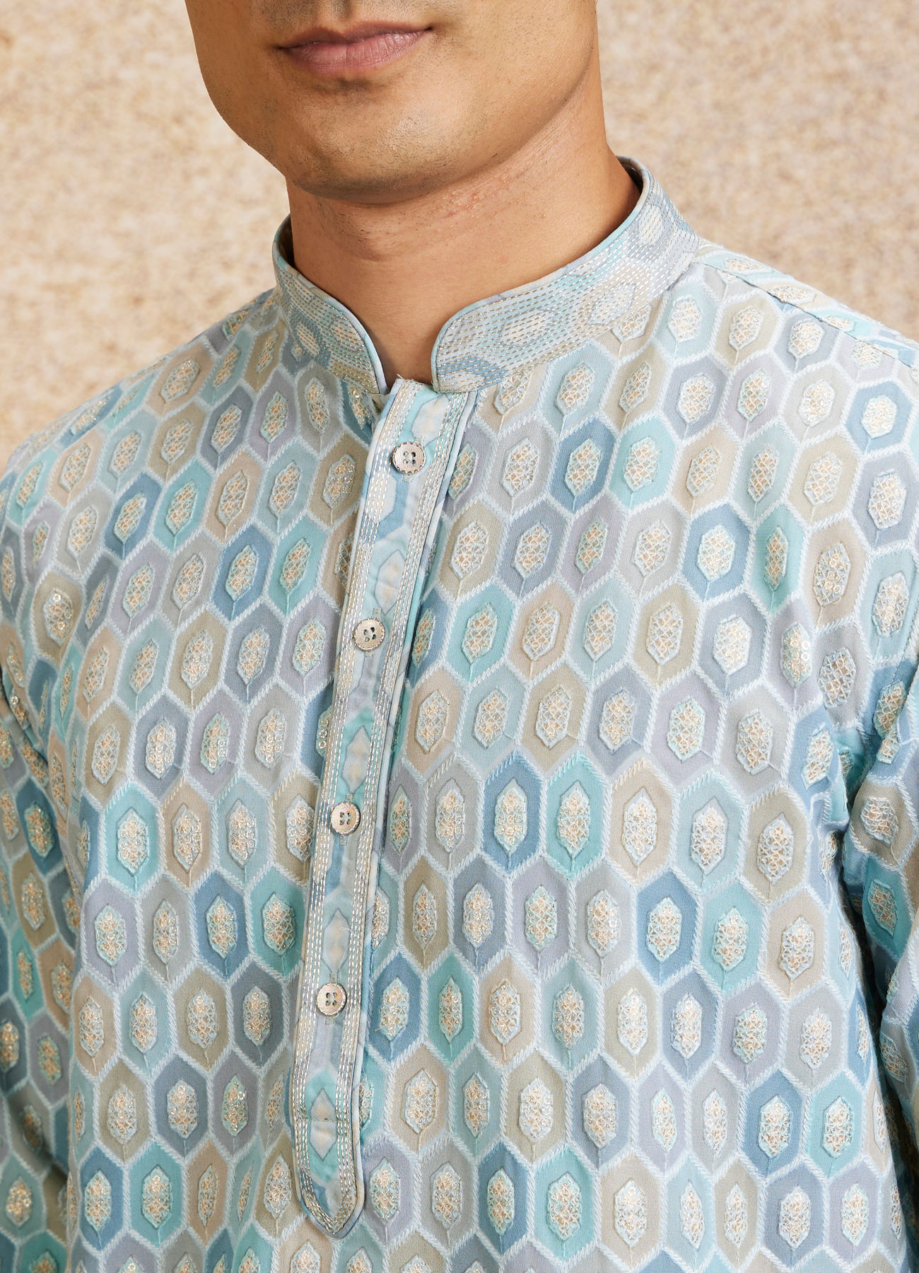 Twamev Men Tranquil Blue Self Patterned Kurta Set