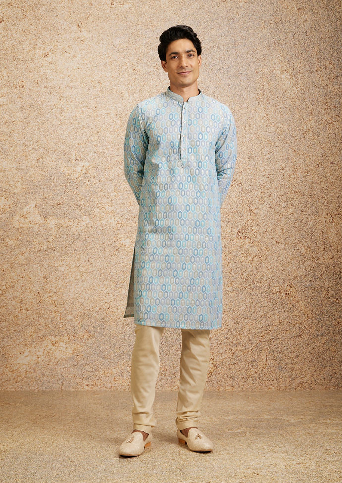 alt message - Twamev Men Tranquil Blue Self Patterned Kurta Set image number 2