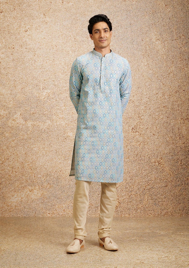 alt message - Twamev Men Tranquil Blue Self Patterned Kurta Set image number 2