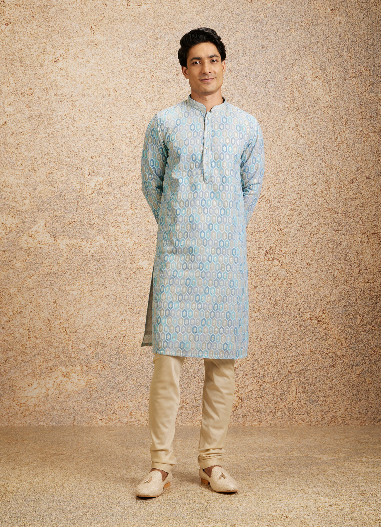 Twamev Men Tranquil Blue Self Patterned Kurta Set